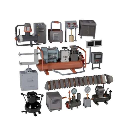 Air Compressor Low Poly 3D model, game viewport three-quarter view, showing painted steel, machine stations.