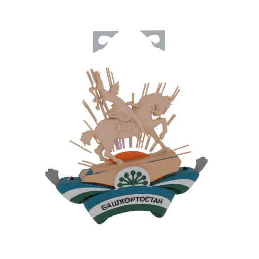 3D model of the Baskortostan emblem featuring a horseman, rising sun, and a banner with Cyrillic text and floral symbol.