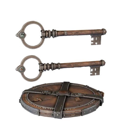 Cursed Loot Key High Poly 3D model, close-up studio render, showing aged wood, clear pickup silhouette.
