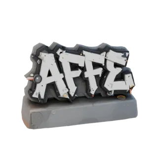 Modello 3D scritta graffiti AFFE in bianco con contorni neri, su piedistallo grigio, su sfondo bianco