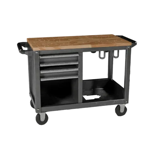 Garage Tool Cart Low Poly 3D model, game viewport three-quarter view, showing steel frames, stable fixtures.