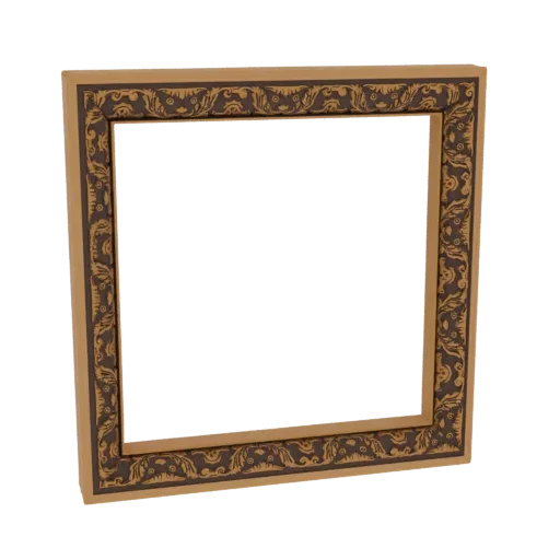 Un rendu 3D d'un cadre photo carré avec des sculptures ornées brun foncé sur une bordure en bois brun clair, sur fond blanc.