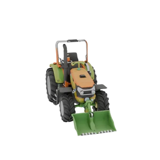 3D model of a kids tractor with a front loader, painted in bright orange and green colors, on a white background.