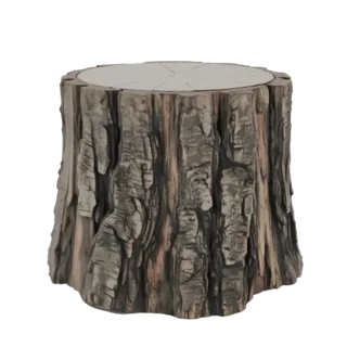 Modello 3D di tavolino rustico in tronco d'albero con dettagliata texture della corteccia e superficie piana, isolato su sfon