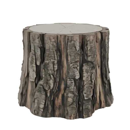 Modelo 3D de mesa auxiliar rústica de tocón de árbol con detallada textura de corteza y superficie plana, aislado sobre fondo