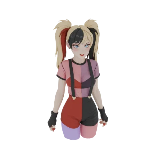3D model of Harley Quinn in an anime style, wearing a split-color outfit with pigtails and a playful expression.