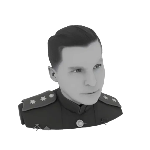 3D model bust of a Soviet military general in uniform, grayscale render, white background