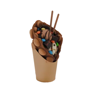 3D model of a chocolate bubble waffle cone filled with vanilla ice cream, chocolate sauce, brownie pieces, candies, and choco