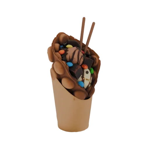 Modelo 3D de un cono de gofre de burbujas de chocolate relleno de helado de vainilla, salsa de chocolate, trozos de brownie,