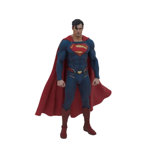 Modelo 3D de Superman de pie heroicamente, vistiendo su icónico traje azul y rojo con capa roja.