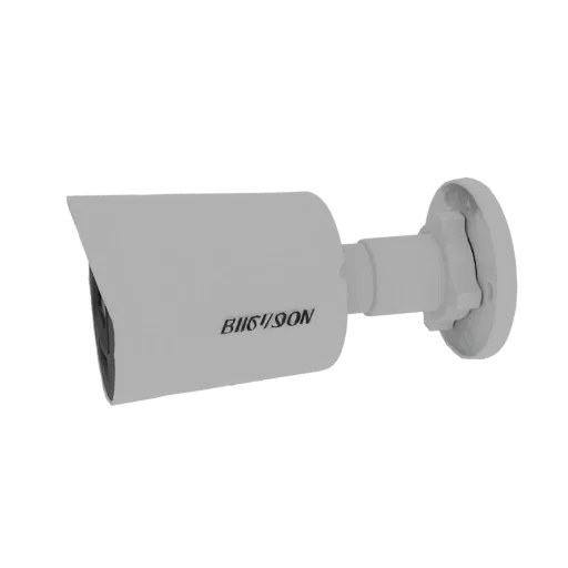 3D model of a white bullet security camera with a lens shroud and mounting bracket, featuring a subtle 'BIIG/VSON' logo.