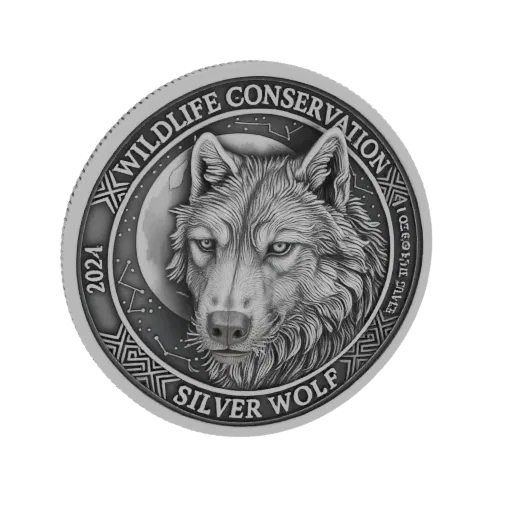 3D model of a Silver Wolf Wildlife Conservation coin, featuring a detailed wolf's head, moon, and stars.