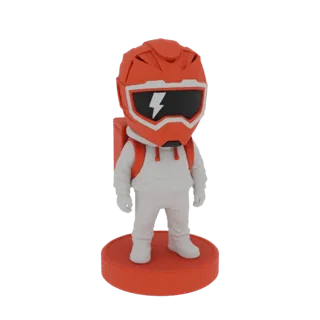 3D model of a stylized character with a red bolt helmet, white hoodie, and red backpack, standing on a red base.