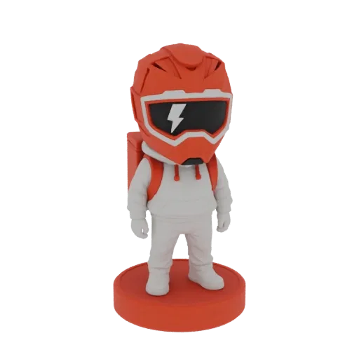 Modèle 3D d'un personnage stylisé avec un casque rouge éclair, un sweat à capuche blanc et un sac à dos rouge, debout sur une
