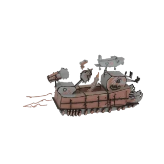 3D model of a whimsical cartoon tank with a friendly face and a small airplane on top, rendered against a white background.