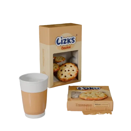 Boxed Cookie Pack Product Viz 3D model, three-quarter studio product render, showing cardboard, package massing.
