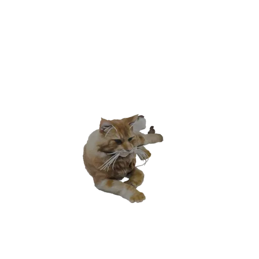 Modèle 3D d'un chat roux couché, tête tournée, pattes étendues, texture de fourrure réaliste.