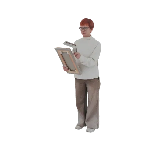 3D model of a person with auburn hair and glasses, wearing a cream sweater and brown pants, holding two art canvases.