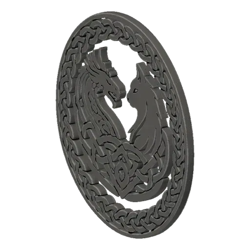 3D model of a circular Celtic emblem featuring a dragon and cat intertwined within a knotwork border, rendered in a dark, mat