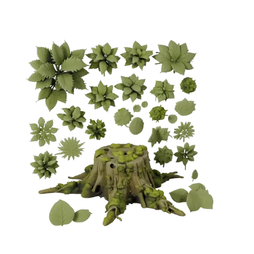 Mossy Stump Set Modular 3D model, isometric modular kit view, showing leaf clusters, layered vegetation clusters.
