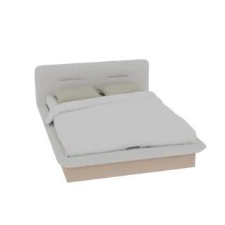 3D model of a modern platform bed with a light upholstered headboard and two beige pillows, set against a white background.