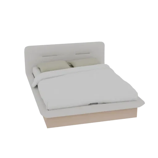 3D model of a modern platform bed with a light upholstered headboard and two beige pillows, set against a white background.