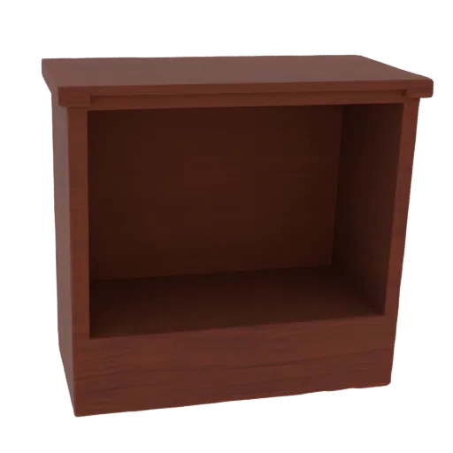 A 3D model of a modern, dark wood bookshelf with open shelving.