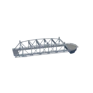 3D-Modell-Vorschau eines grauen Metall-Fachwerkbrücken-Abschnitts mit einer gebogenen Beton-Zufahrtsrampe, isoliert auf weiße