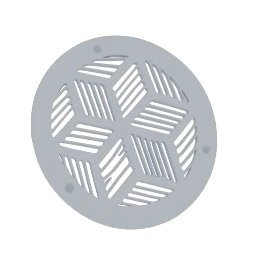 Modèle 3D de grille de ventilation circulaire avec un motif géométrique hexagonal répétitif et des trous de montage.