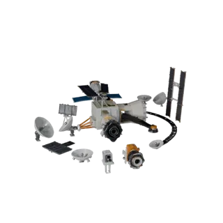 Modelo 3D low poly Telescópio Orbital de Navegação, vista em viewport de jogo em três quartos, mostrando painéis solares, det