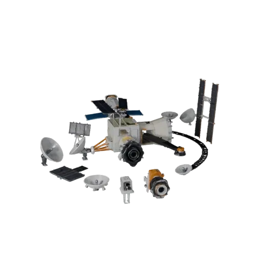 Modelo 3D low poly Telescopio Orbital de Navegación, vista de tres cuartos en viewport de juego, mostrando paneles solares y