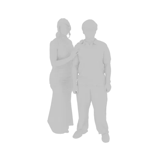 3D-Modell eines Paares, eine Frau im Abendkleid und ein Mann in Freizeitkleidung, stehen zusammen.