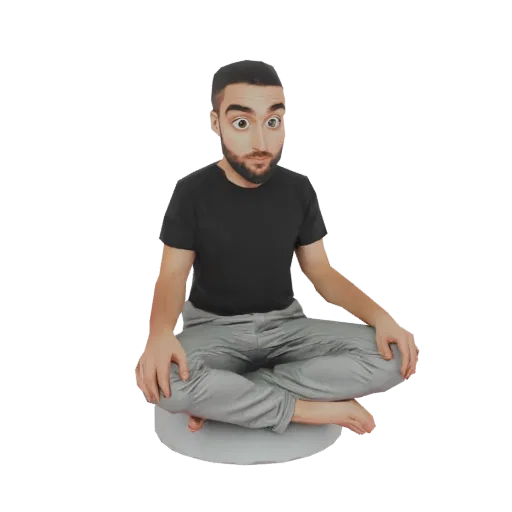 A 3D render of a man with exaggerated surprised eyes, sitting in a lotus pose on a cushion, wearing a black t-shirt and grey