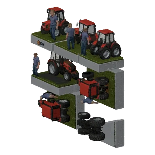 3D render of a miniature diorama with red tractors and figures, showing one tractor upright, one on its side, and one upside