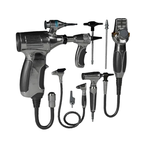 Emergency Otoscope Stylized 3D model, stylized isometric render, showing stainless steel, handheld tool scale.