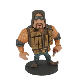Modèle 3D d'un personnage bandit stylisé portant un gilet à capuche, une chemise à carreaux et tenant un détonateur, debout s