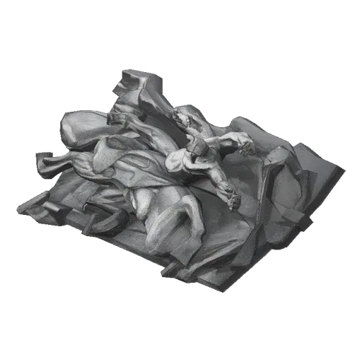 3D model of a relief sculpture showing two figures in a dynamic combat pose, with detailed musculature and dramatic movement.