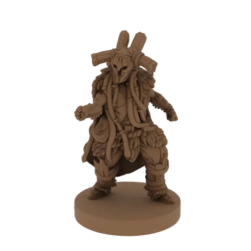 3D model of a tribal warrior with an ornate mask, fur armor, and various accessories, standing on a circular base.