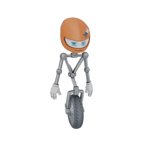 3D model of a robot character with an orange helmet, blue eyes, and a metallic body, riding a unicycle.