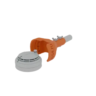 3D model of a smoke detector testing tool with an orange grip and a separate smoke detector unit.