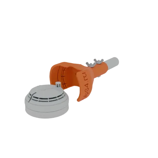3D model of a smoke detector testing tool with an orange grip and a separate smoke detector unit.