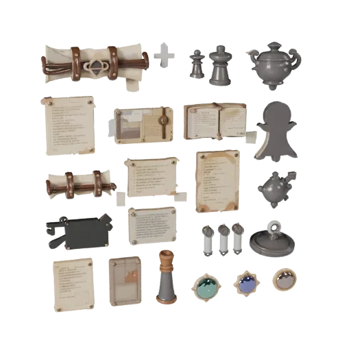Workshop Scroll Bundle Stylized 3D model, stylized isometric render, showing paper-like cards, small readable forms.