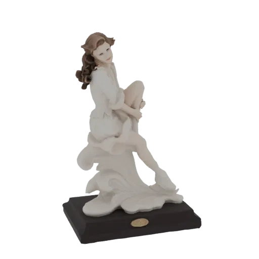 3D model of an elegant woman in a white dress sitting gracefully on flowing white drapery, presented on a dark base.