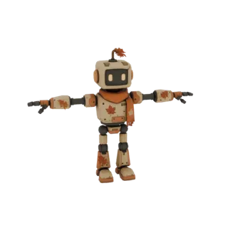 Ein 3D-Rendering eines freundlichen Roboters mit cremefarbener und oranger Farbgebung, der einen Schal trägt und mit Ahornbla