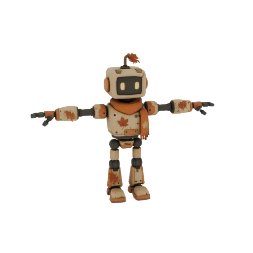 Un rendering 3D di un robot amichevole con schema di colori beige e arancione, che indossa una sciarpa e decorato con motivi