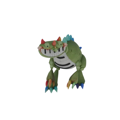3D model of a green, cartoonish monster with a piano keyboard for a mouth and colorful spikes and claws.