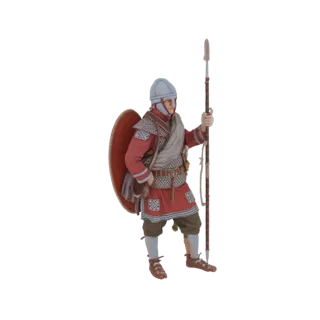 3D model of a Roman Legionary soldier standing with a spear and shield, detailed armor and tunic.