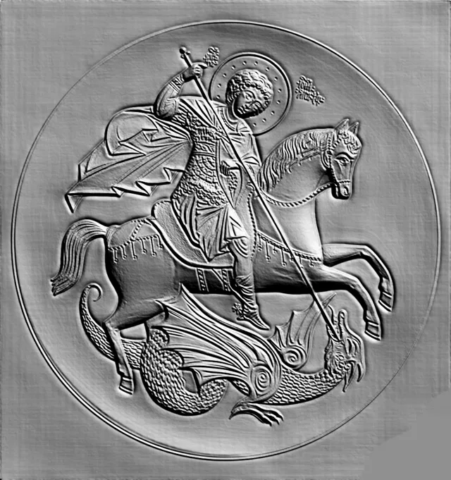3D model of St. George on horseback bas-relief, spearing a dragon