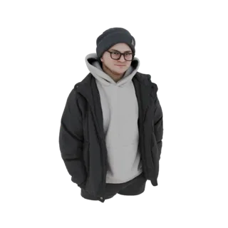 Modelo 3D de un joven con chaqueta acolchada oscura, sudadera clara, gorro oscuro y gafas, mirando al espectador.