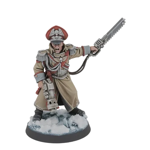 Modèle 3D d'un Commandant Impérial sévère en uniforme beige, tenant une épée énergétique levée et un pistolet bolter, debout